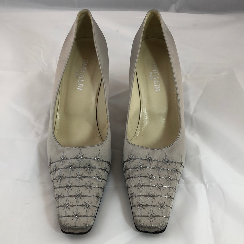 Pancaldi 1888 quilted satin silver heels
